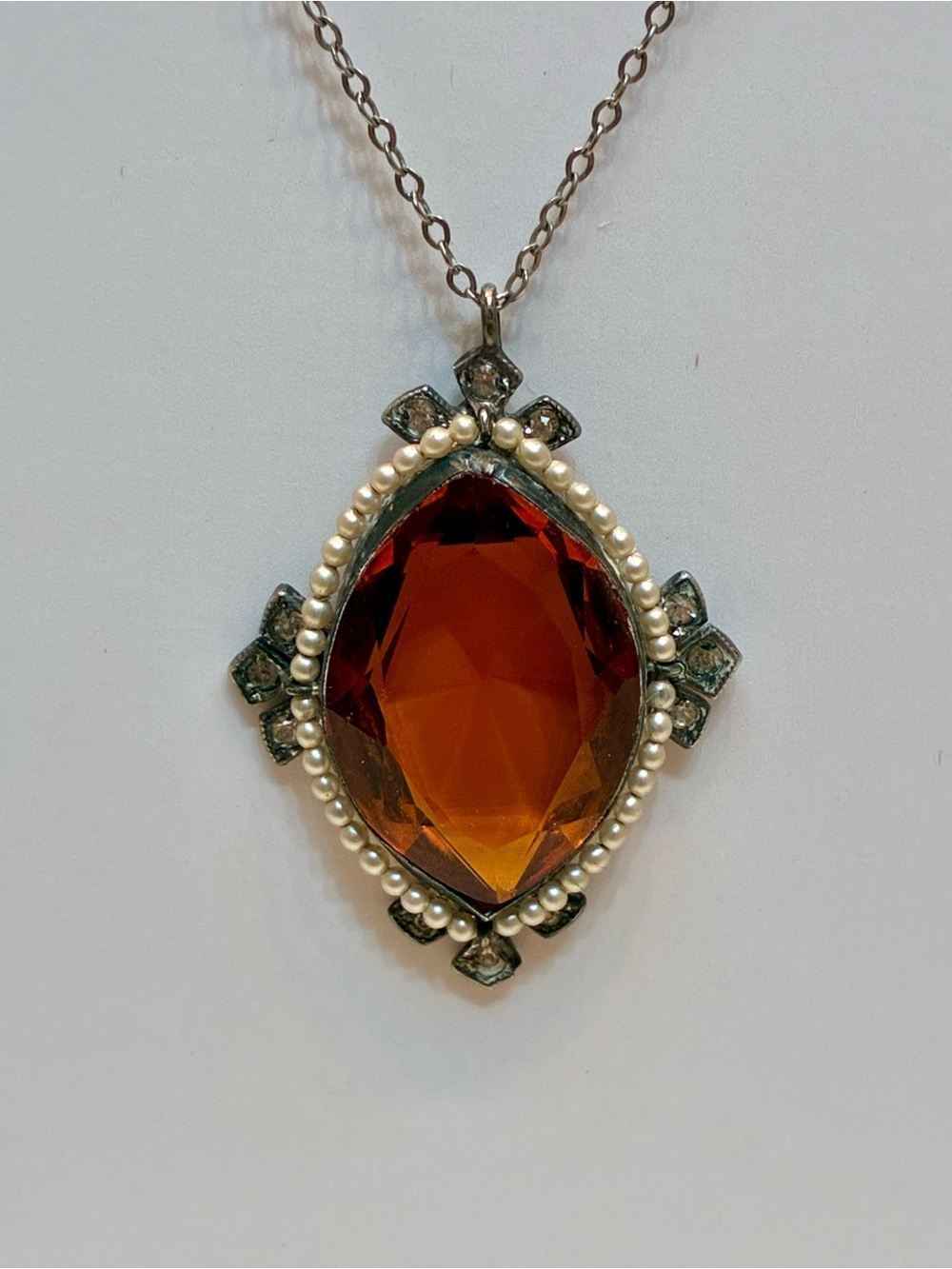 Vintage Amber Glass & Seed Pearls Sterling Silver Sterling Silver Necklace